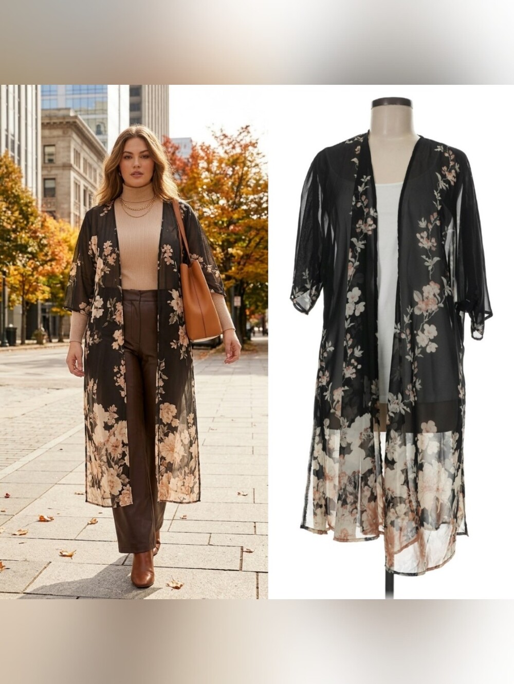 ​TORRID Black Sheer Floral Chiffon Long Duster Kimono Cardigan Cover Up 00/0